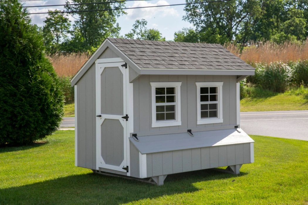 Amish Built 5×8 Quaker Chicken Coop – Gray/White - The Henhouse Collection - Pet Houses Direct