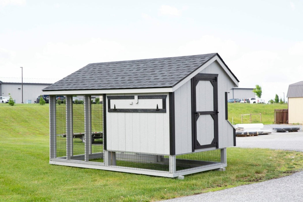 Amish Built 6×12 Combination Quaker Chicken Coop – Lt Gray/Black - The Henhouse Collection - Pet Houses Direct