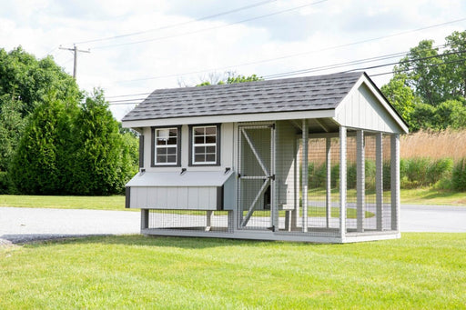 Amish Built 6×12 Combination Quaker Chicken Coop – Lt Gray/Black - The Henhouse Collection - Pet Houses Direct