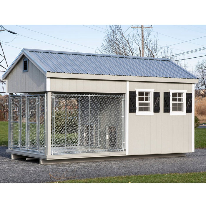 Amish Built 8 x 16 Outdoor Dog Kennel Light Gray/White - The Dog Kennel Collection - Pet Houses Direct