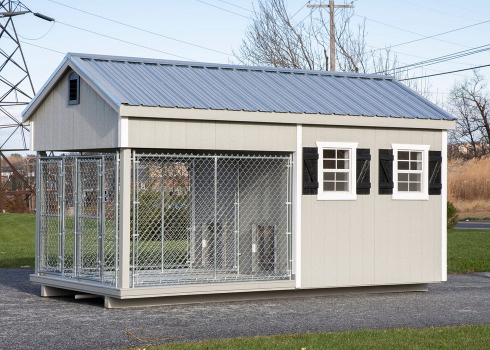 Amish Built 8 x 16 Outdoor Dog Kennel Light Gray/White - The Dog Kennel Collection - Pet Houses Direct