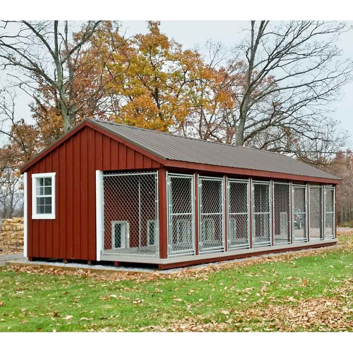 Fully Built 12 ft x 32 ft Amish Made 8 Run Large Commercial Dog Kennel with Feed Alley - The Dog Kennel Collection - Pet Houses Direct