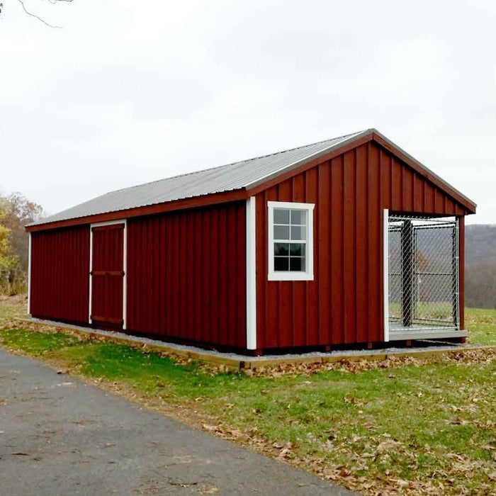 Fully Built 12 ft x 32 ft Amish Made 8 Run Large Commercial Dog Kennel with Feed Alley - The Dog Kennel Collection - Pet Houses Direct